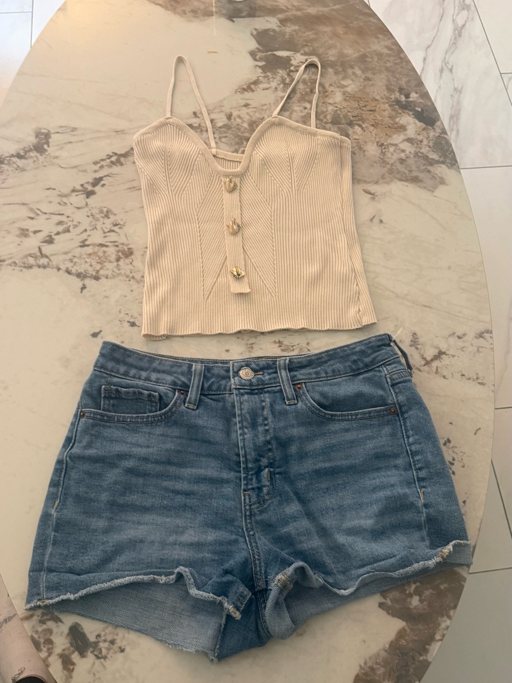 Cream knit top and denim short shorts- Bundle or separate